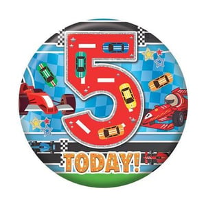 a 5th birthday plate with racing cars on it .
