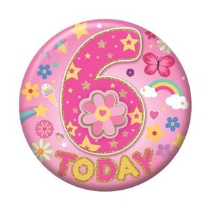 a pink plate with the number six on it and the words `` today '' .