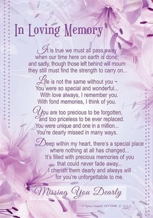 a purple flower with a poem on it that says `` in loving memory ''
