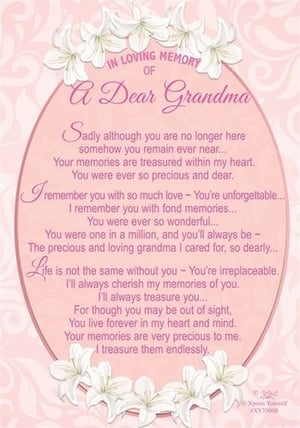 in loving memory of a dear grandma is written on a pink background