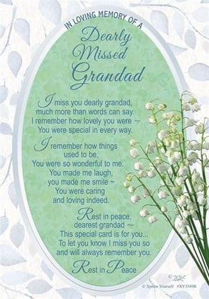 a card that says in loving memory of a dearly missed grandad