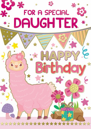 A birthday card for a special daughter with a pink llama.