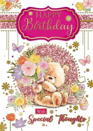 a birthday card with a teddy bear holding a bouquet of flowers