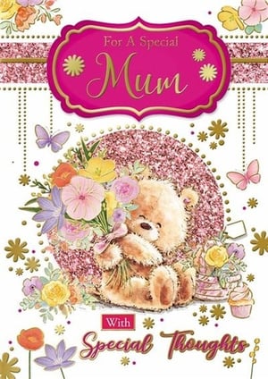 a mother 's day card with a teddy bear holding a bouquet of flowers