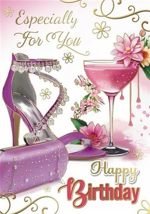 a birthday card with a pair of shoes , a purse , and a glass of wine .