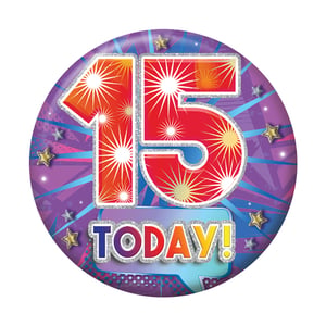 a badge that says 15 today on it