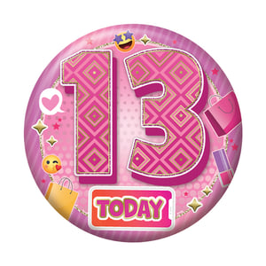 a pink badge with the number 13 on it