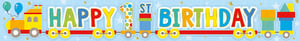 a blue banner that says happy 1st birthday