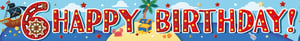 a happy birthday banner with a pirate ship in the background