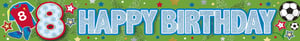a happy birthday banner with soccer balls and stars