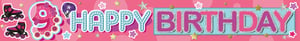 a pink and blue banner that says happy birthday