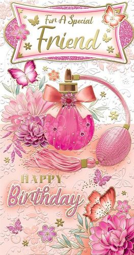 a birthday card for a special friend with a pink perfume bottle surrounded by pink flowers and butterflies .
