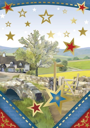 a painting of a landscape with stars and a house in the background