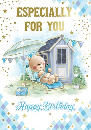 a birthday card with a teddy bear sitting under an umbrella
