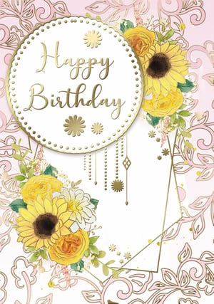 a happy birthday card with yellow flowers on a pink background
