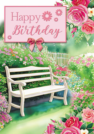 a happy birthday card with a white bench in a garden