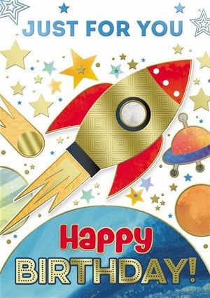 a birthday card with a rocket flying through space .