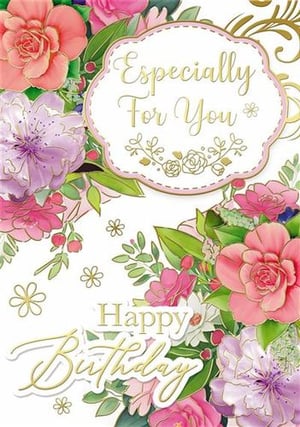 a birthday card with pink and purple flowers on a white background .