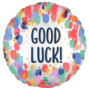 Send your customers off with a smile and a splash of colour with our 18" Painterly Dots Good Luck foil balloon! From Anagram Europe Ltd, this vibrant balloon features a cheerful design of artistic, multi-coloured brushstrokes and shimmering gold dots, all framing the bold "GOOD LUCK!" message.
It's the perfect way to wish someone success for exams, a new job, or any exciting new chapter. Supplied as a single, this eye-catching balloon is a fantastic addition to your retail display, offering a bright and encouraging option for every occasion. Its lively design is sure to stand out and bring a boost of positivity!