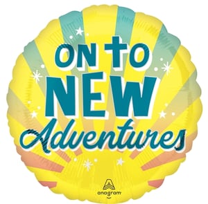 Send off your customers in style with our vibrant 17" On To New Adventures foil balloon! Perfect for celebrating new beginnings, graduations, exciting travels, or a heartfelt farewell, this eye-catching balloon is sure to bring a smile.
Featuring a cheerful yellow background with bold teal lettering that reads "ON TO NEW Adventures," it's adorned with sparkling stars and dynamic sunburst rays in complementary shades of green and orange. This round foil balloon from Anagram Europe Ltd. is designed to stand out. Supplied individually, it’s an ideal addition to any partyware collection, offering a popular choice for those embarking on their next big journey. A truly uplifting way to mark any special occasion!
