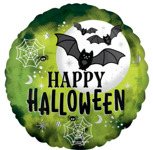 a green happy halloween balloon with bats and spiders