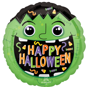 a green balloon that says happy halloween on it