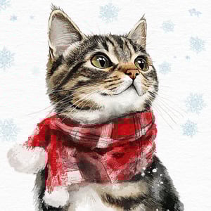 a cat wearing a red and white scarf around its neck