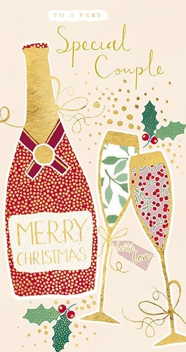 a christmas card for a special couple with a bottle of champagne and two champagne glasses .