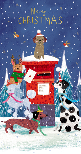 a merry christmas card with dogs and a mailbox
