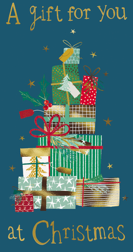 a gift for you at christmas card with a stack of presents