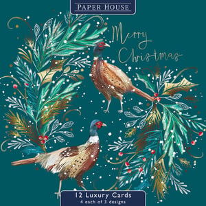 a paper house christmas card with pheasants on it