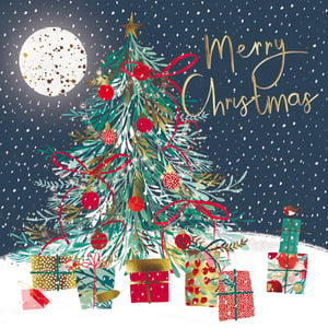 a merry christmas card with a christmas tree and presents