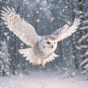 a snowy owl is flying through a snowy forest