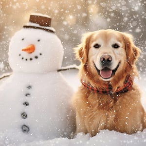 a dog laying in the snow next to a snowman