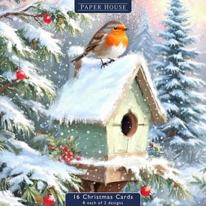 a paper house christmas card with a bird on top of a birdhouse