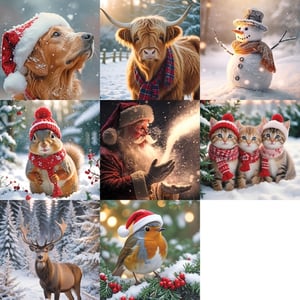 Offer your customers a truly heartwarming selection this festive season with these delightful Photographic Charity Cards from the Great British Card Company. This wholesale pack contains 32 cards, showcasing 8 assorted charming designs. Each card features a beautiful, high-quality photograph, capturing the magic of winter and Christmas. Your customers will adore the adorable animals, including a golden retriever in a Santa hat, a fluffy Highland cow, a cute squirrel, and three sweet kittens, alongside a classic snowman, a majestic deer, and a festive robin. Santa Claus himself makes an appearance too! Perfect for spreading joy and supporting a good cause. Stock up now and bring smiles to every recipient.