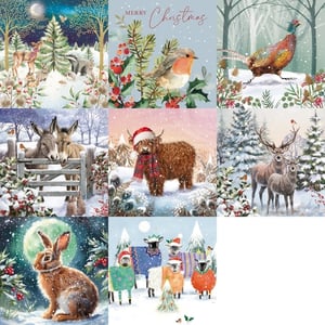 Discover our delightful collection of 6 Winter Wildlife Charity Cards, featuring 8 enchanting assorted designs perfect for the festive season. Each card showcases beautifully illustrated scenes of beloved British wildlife in snowy landscapes.

From a charming robin perched on holly and majestic deer in a winter wonderland, to a festive Highland cow in a Santa hat and adorable donkeys by a snowy gate, these cards capture the magic of Christmas. You'll also find a graceful pheasant, a moonlit hare, and even sheep in their best Christmas jumpers!

Supplied by the Great British Card Company, these high-quality cards are available in a convenient pack of 32, making them an ideal choice for your seasonal offerings while supporting a good cause.