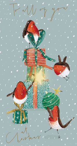 a christmas card with birds and gifts and the words to all of you at christmas
