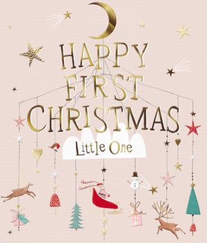 a pink and gold christmas card that says happy first christmas little one