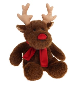 a stuffed reindeer with a red scarf around its neck