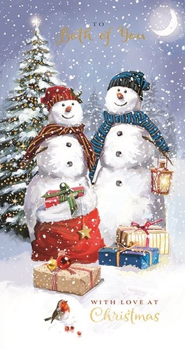 two snowmen are standing next to each other in front of a christmas tree .