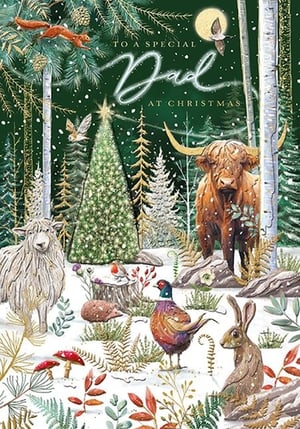 a christmas card for a special dad with animals and a christmas tree .