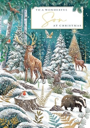 a christmas card for a son with a deer and a badger in the snow .