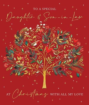 a christmas card for a daughter and son-in-law with a tree on a red background .