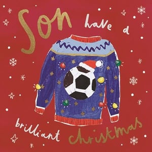 a christmas card for a son with a sweater with a soccer ball on it .