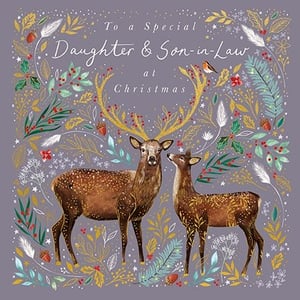 two deer are standing next to each other on a christmas card .