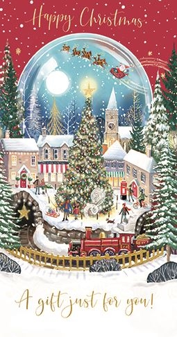 a christmas card with a train and a christmas tree in a snow globe .