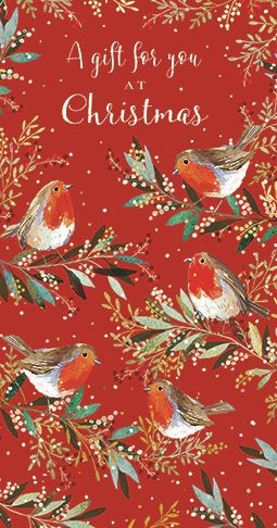 a gift for you at christmas is a christmas card with robins sitting on branches .