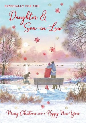 a christmas card for a daughter and son-in-law with a couple sitting on a bench in the snow .