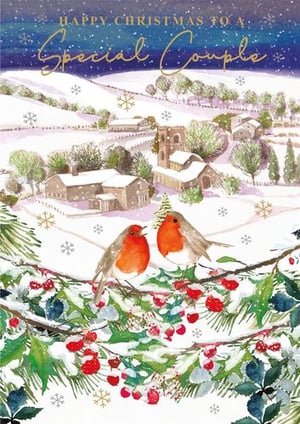two robins are sitting on a branch in front of a snowy village .